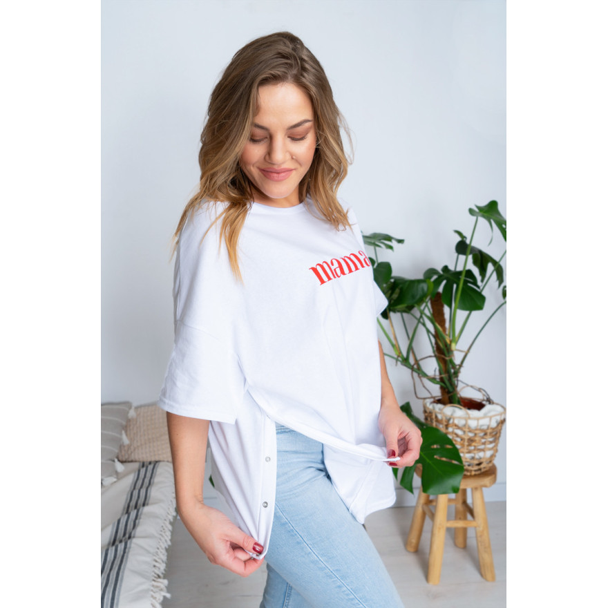 Biała bluzka ciążowa koszulka do karmienia z napisem MAMA rozpinana na napy