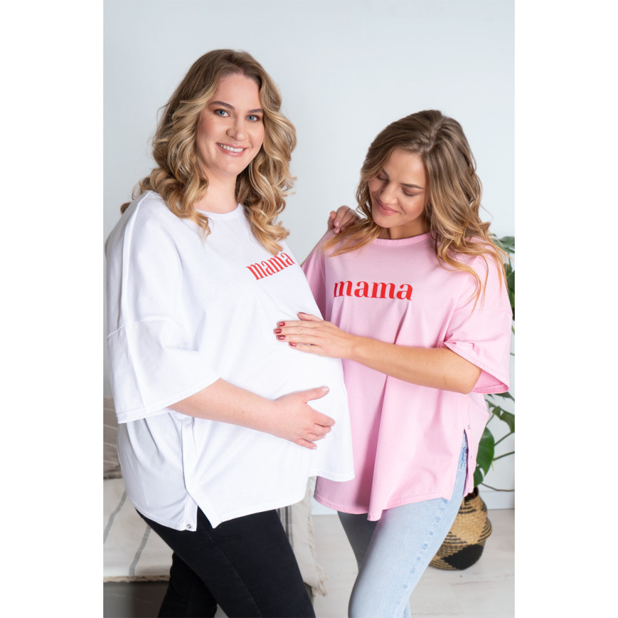 Biała bluzka ciążowa koszulka do karmienia z napisem MAMA rozpinana na napy
