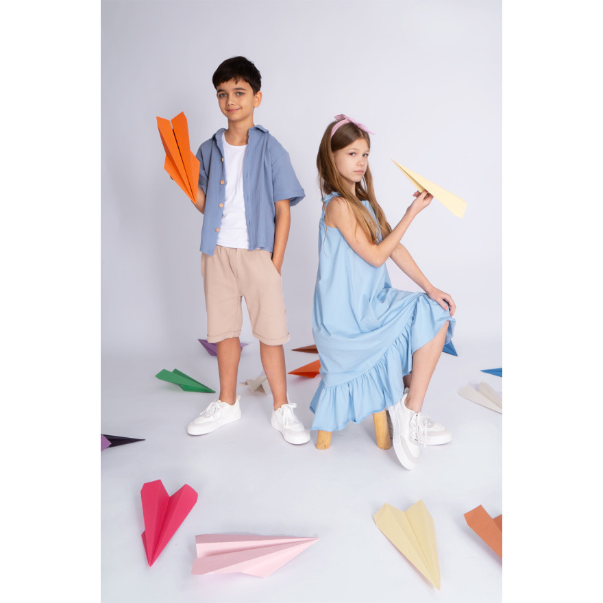 Niebieska SUKIENKA SEA regulowana z falbanką na ramiączka