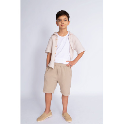 Beżowe KRÓTKIE SPODENKI chłopięce z PRĄŻKA regulowane w pasie bezuciskowe casual