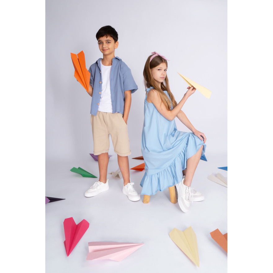 Beżowe KRÓTKIE SPODENKI chłopięce z PRĄŻKA regulowane w pasie bezuciskowe casual