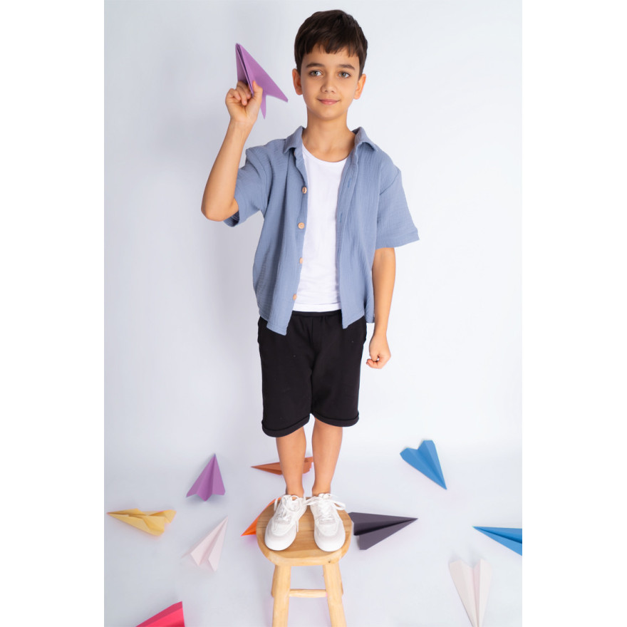 Czarne KRÓTKIE SPODENKI chłopięce z PRĄŻKA regulowane w pasie bezuciskowe casual