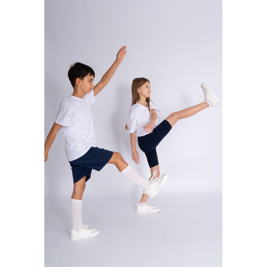 Strój na WF komplet gimnastyczny sportowy biała bluzka granatowe spodenki szkoła