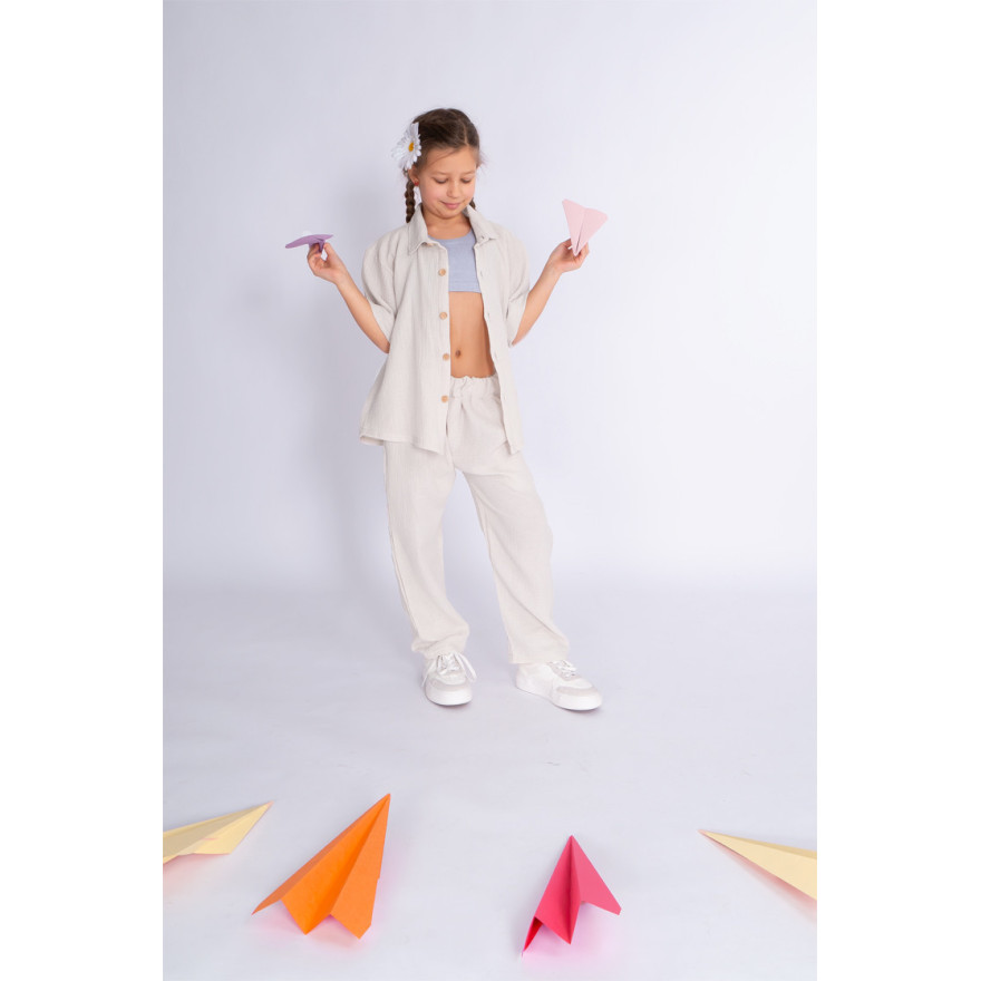 Biała alabaster MUŚLINOWA KOSZULA z krótkim rękawem i kołnierzykiem lekka na lato