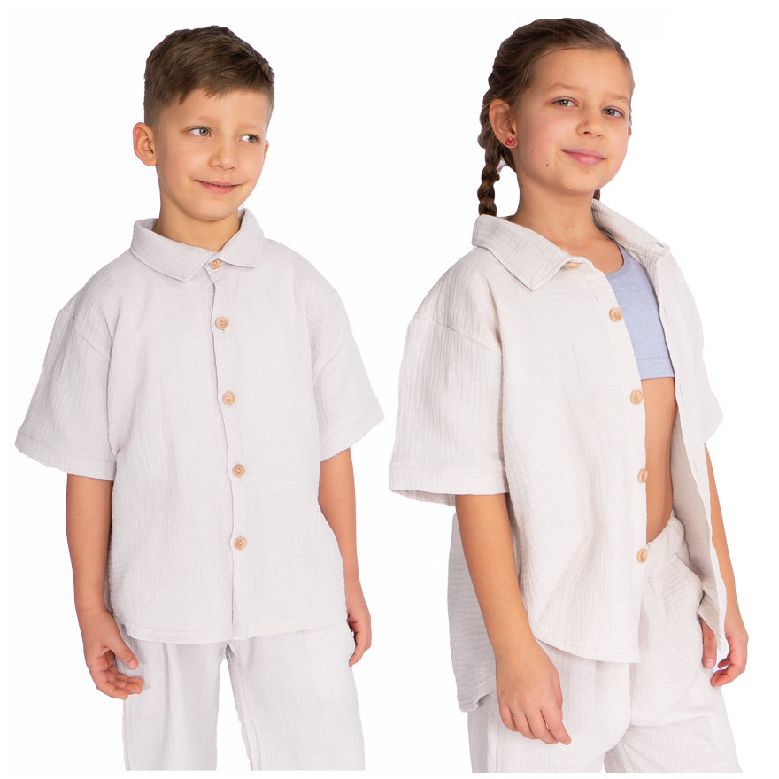 Biała alabaster MUŚLINOWA KOSZULA z krótkim rękawem i kołnierzykiem lekka na lato