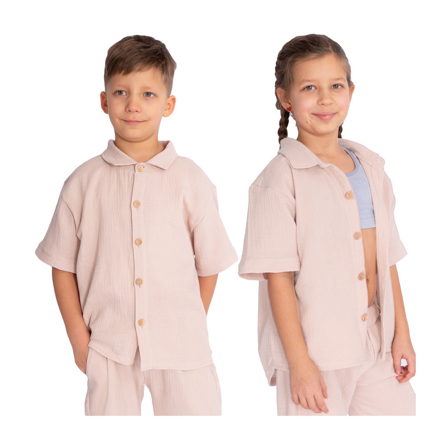 Brązowa beż MUŚLINOWA KOSZULA z krótkim rękawem i kołnierzykiem lekka na lato