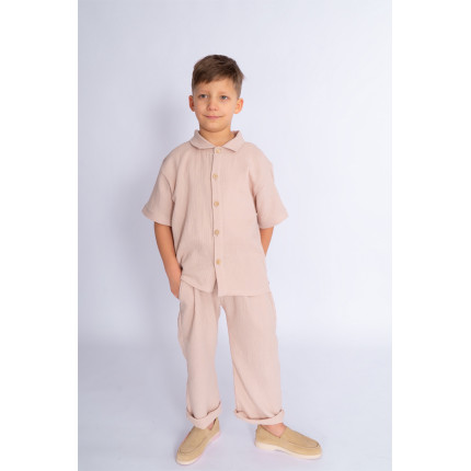 Brązowa beż MUŚLINOWA KOSZULA z krótkim rękawem i kołnierzykiem lekka na lato