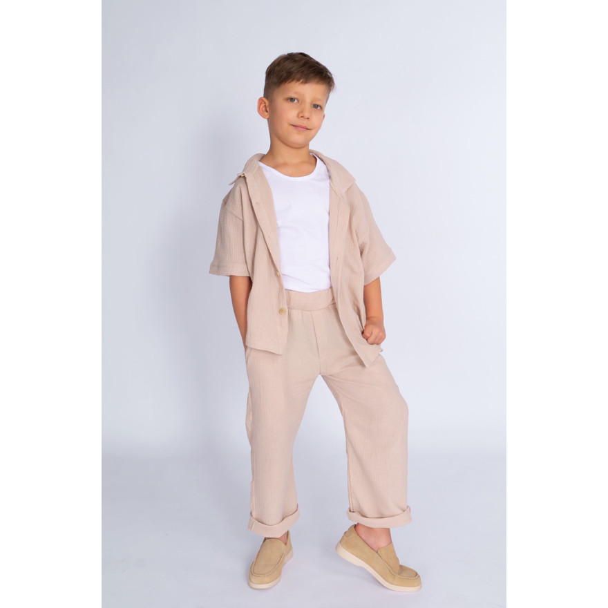 Brązowa beż MUŚLINOWA KOSZULA z krótkim rękawem i kołnierzykiem lekka na lato