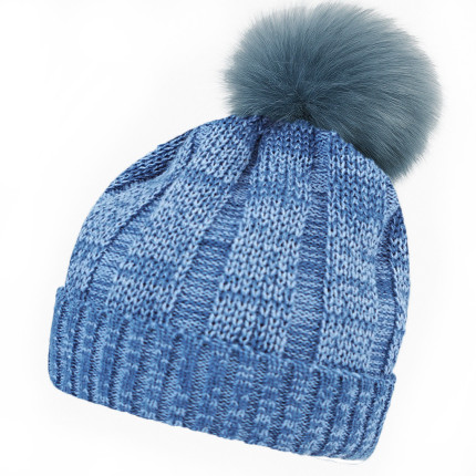 Niebieska jeans czapka zimowa dziewiarska "Piotr" puchaty pompon