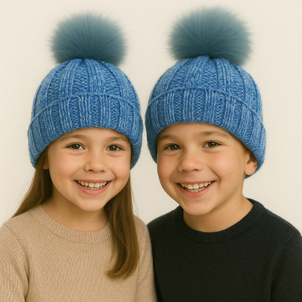 Niebieska jeans czapka zimowa dziewiarska