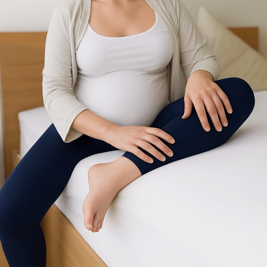 Legginsy ciążowe MAMA granatowe bezuciskowe z panelem getry wiosna lato