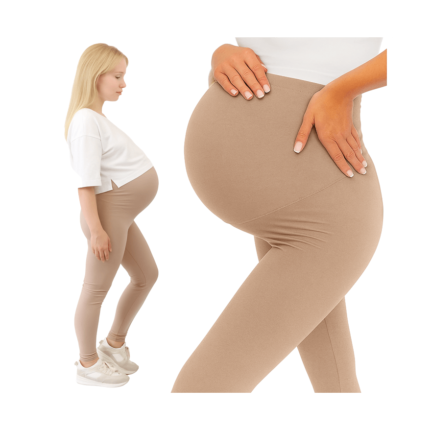 Legginsy ciążowe MAMA beżowe bezuciskowe z panelem getry wiosna lato
