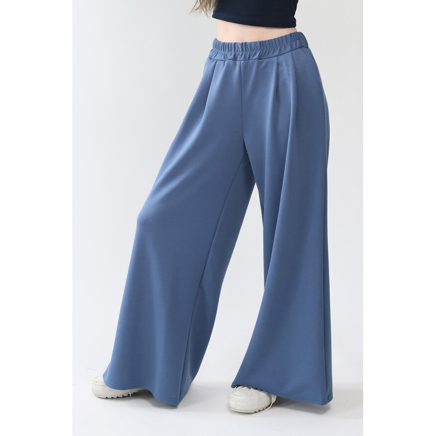 Spodnie eleganckie BELLA jeansowe WIZYTOWE dziewczęce gładkie z rozszerzanymi nogawkami i regulowaną gumką