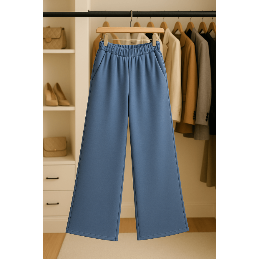 Spodnie eleganckie BELLA jeansowe WIZYTOWE dziewczęce gładkie z rozszerzanymi nogawkami i regulowaną gumką