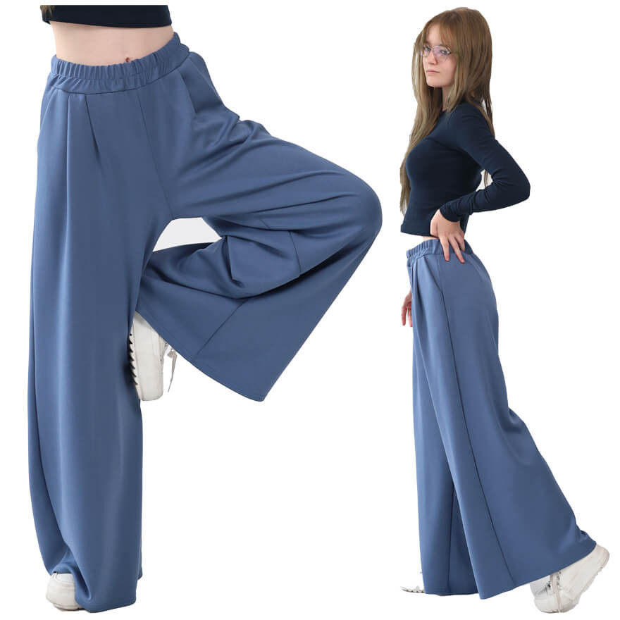 Spodnie eleganckie BELLA jeansowe WIZYTOWE dziewczęce gładkie z rozszerzanymi nogawkami i regulowaną gumką