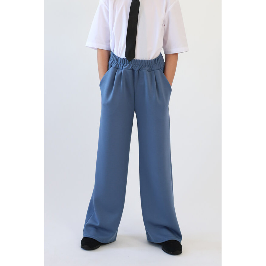 Spodnie eleganckie RICO jeansowe WIZYTOWE gładkie z prostymi, szerokimi nogawkami regulowane w pasie