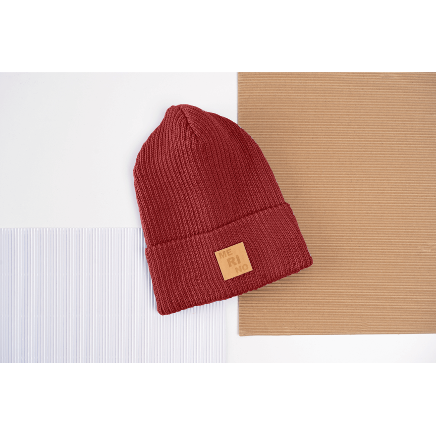 Merino czapka bordowa 100% wełna podwijana jesień zima