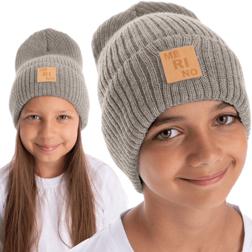 Merino czapka szara 100% wełna podwijana jesień zima