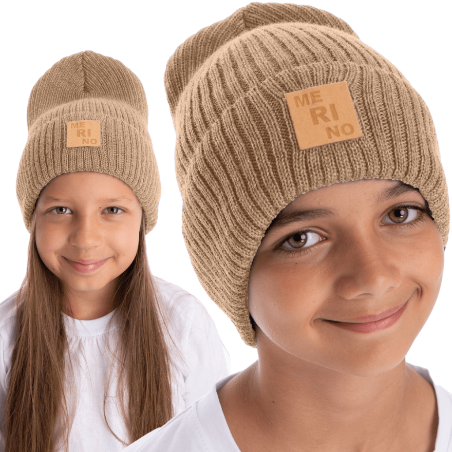 Merino czapka ciemny beż 100% wełna podwijana jesień zima