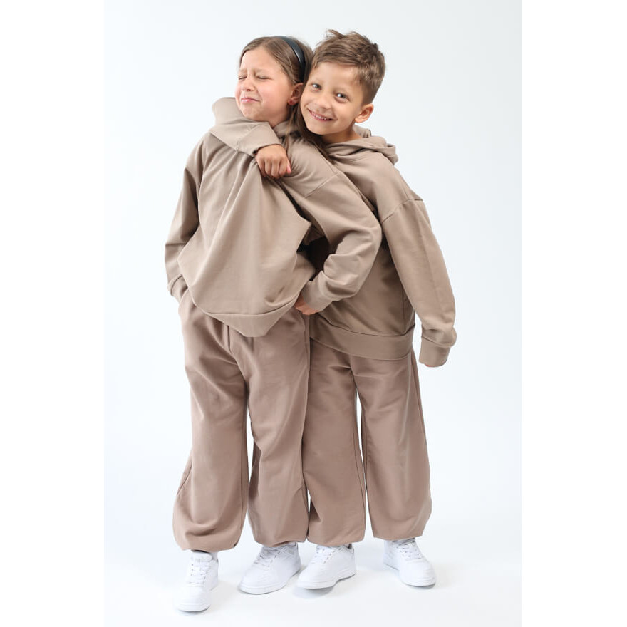 Spodnie dresowe ocieplane MOVE beżowe NA MESZKU szerokie ze ściągaczami regulowane w pasie