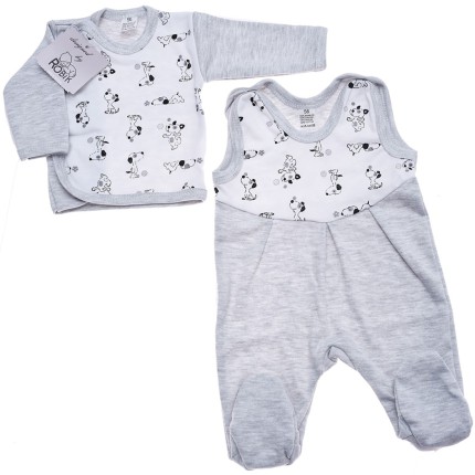 Szara WYPRAWKA dla noworodka w pieski koszulka + śpiochy 2cz. wzór 167S