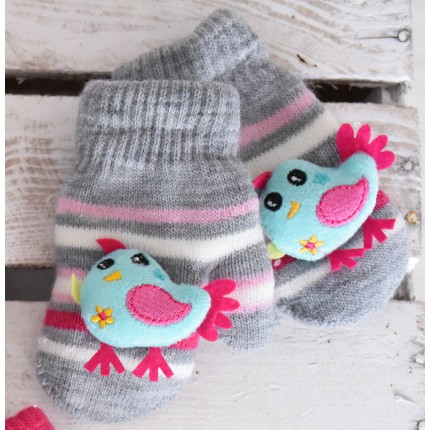 Zimowe rękawiczki z maskotką szare z ptaszkiem