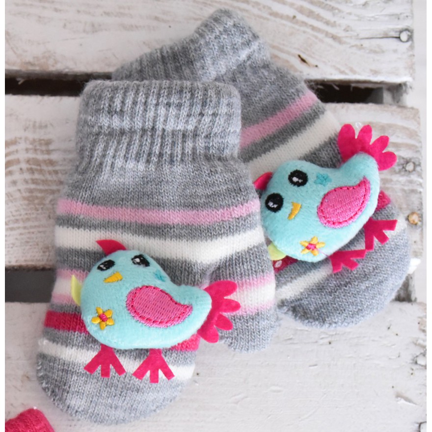 Zimowe rękawiczki z maskotką szare z ptaszkiem