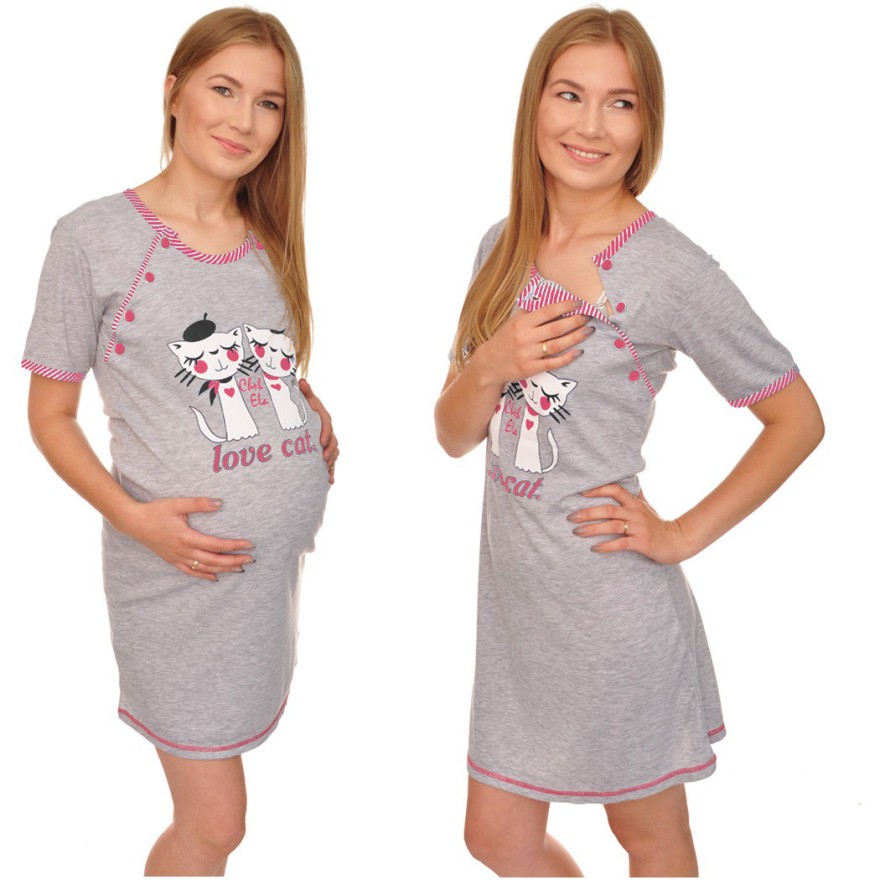 Szara KOSZULA NOCNA CIĄŻOWA DO KARMIENIA KOTY RÓŻOWY wzorki