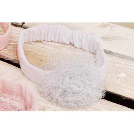 OPASKA LENKA z tiulowym kwiatem biała opaska z brokatem 0-6msc 56 62 68 CHRZEST