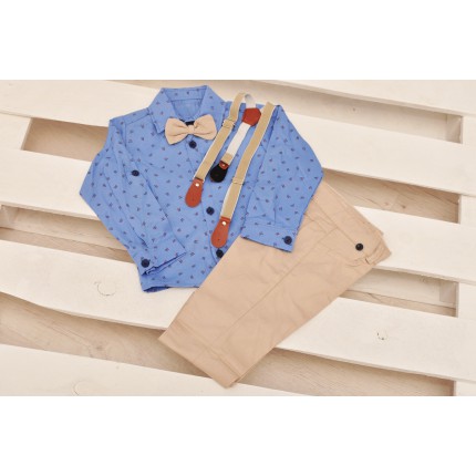 KOMPLET DLA CHŁOPCA niebieska koszula, spodnie, muszka, szelki WIZYTOWY