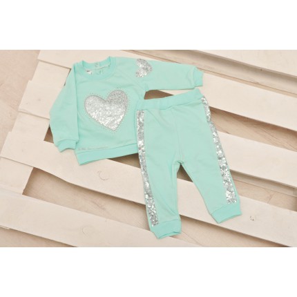 Komplet dziewczęcy spodnie, bluza DRES miętowy r.9-24msc cekinowe serce