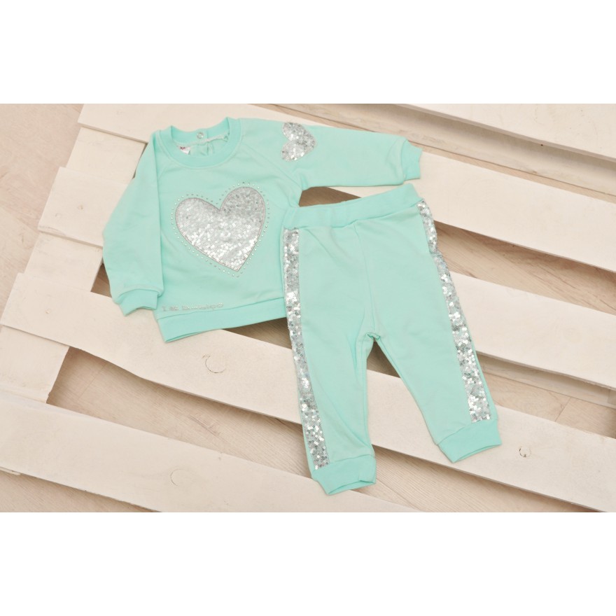 Komplet dziewczęcy spodnie, bluza DRES miętowy r.9-24msc cekinowe serce