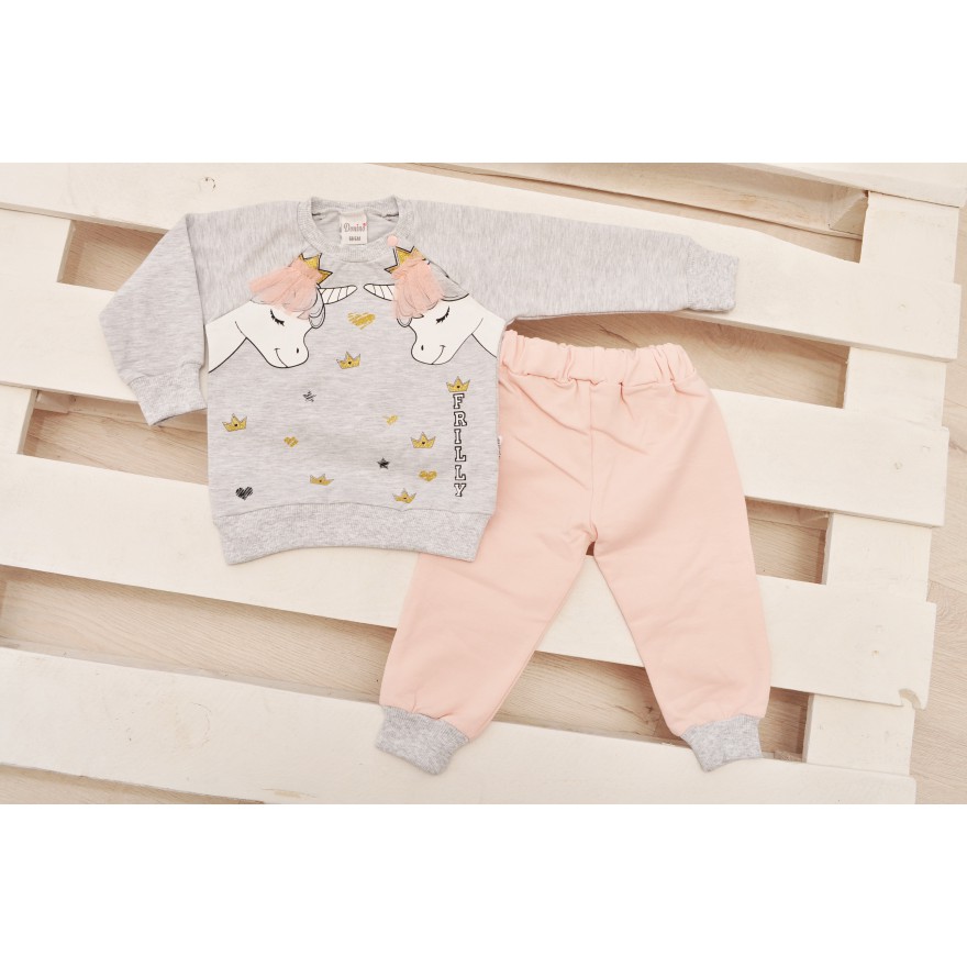Komplet dziewczęcy spodnie szara bluza z nadrukiem DRES jednorożce