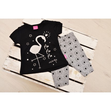 Komplet dziewczęcy legginsy bluzeczka krotki rękaw LATO r.6-18msc czarny z flamingiem