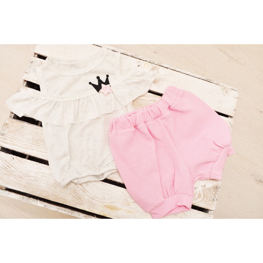 Komplet dziewczęcy spodenki bluzeczka na ramiączka LATO r.9-24msc falbanka korona