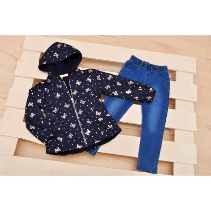 Komplet dziewczęcy kurtka płaszcz, spodnie jeans, granatowy