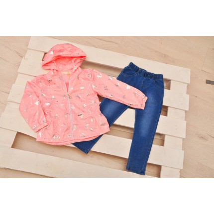 Komplet dziewczęcy kurtka płaszcz, spodnie jeans, różowy