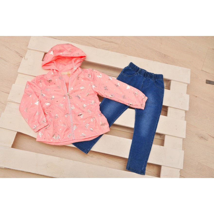Komplet dziewczęcy kurtka płaszcz, spodnie jeans, różowy
