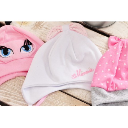 Biała czapka z kokardą czapeczka MINNIE rozmiary od 36cm do 40cm, wiosna jesień 56 62 68 CHRZEST