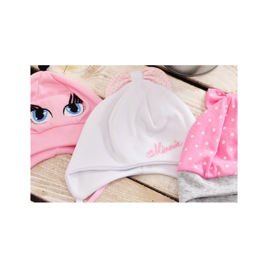 Biała czapka z kokardą czapeczka MINNIE rozmiary od 36cm do 40cm, wiosna jesień 56 62 68 CHRZEST