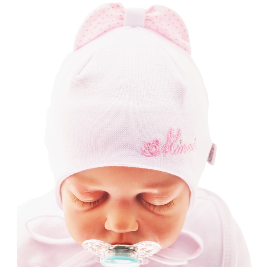 Biała czapka z kokardą czapeczka MINNIE rozmiary od 36cm do 40cm, wiosna jesień 56 62 68 CHRZEST