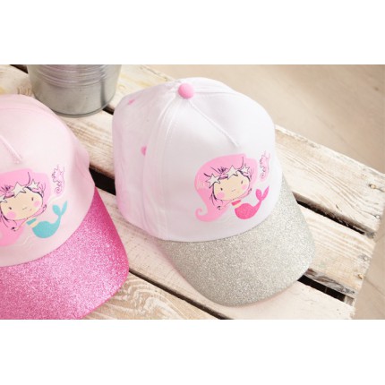 Czapka z brokatowym daszkiem biała bejsbolówka SYRENKA 2-5lat LATO