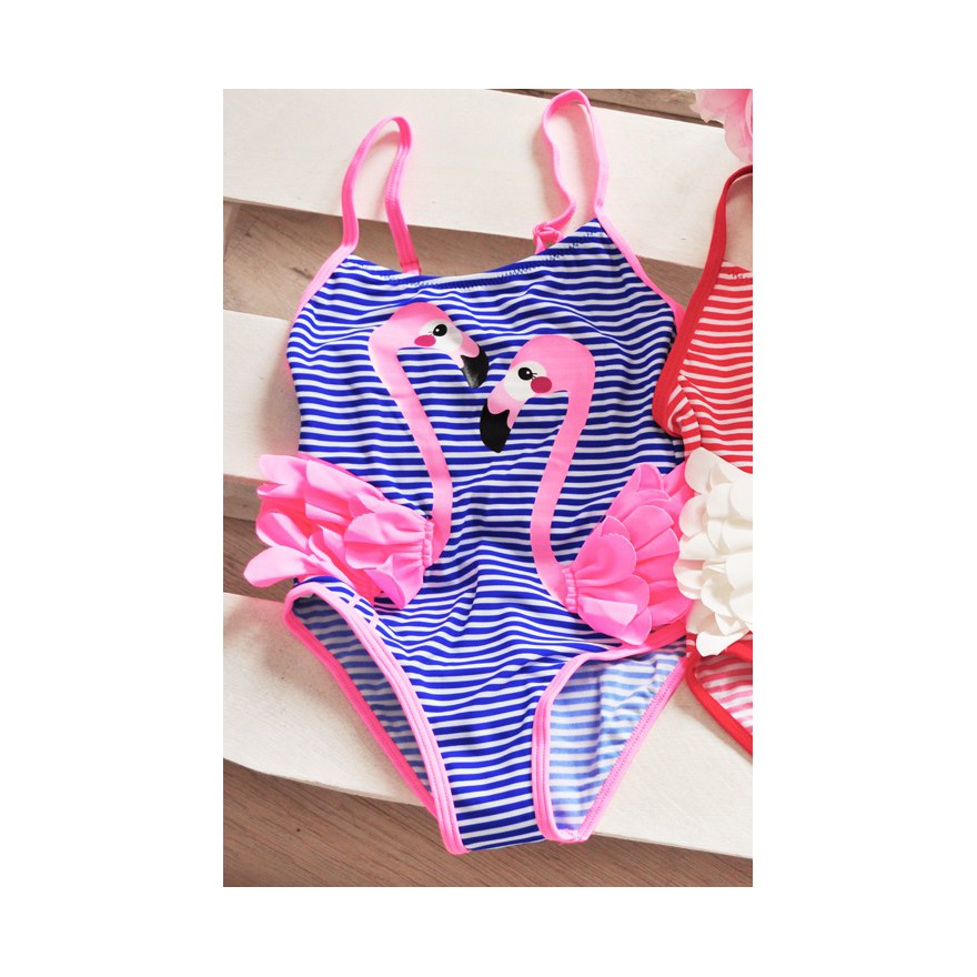 Kostium kąpielowy jednoczęściowy niebiesko różowy strój FLAMINGI LATO basen, plaża