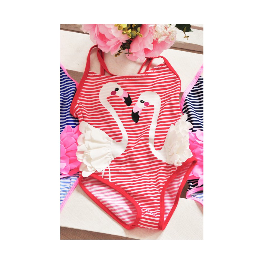 Kostium kąpielowy jednoczęściowy czerwono biały strój FLAMINGI LATO basen, plaża