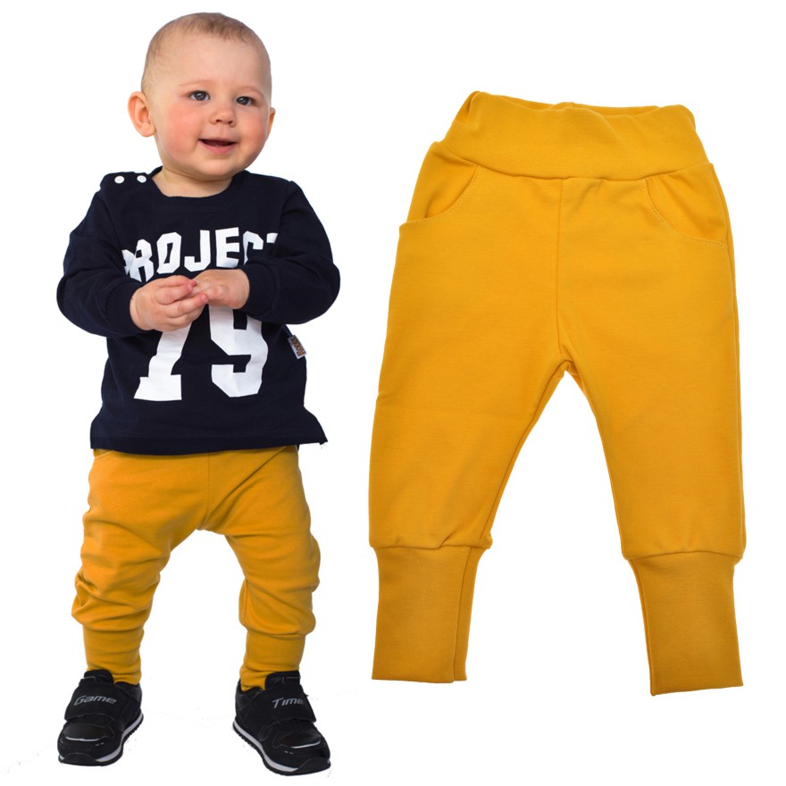 Likwidacja Musztardowe spodnie bawełniane lekkie z wyciąganą gumką bezuciskowe NEON