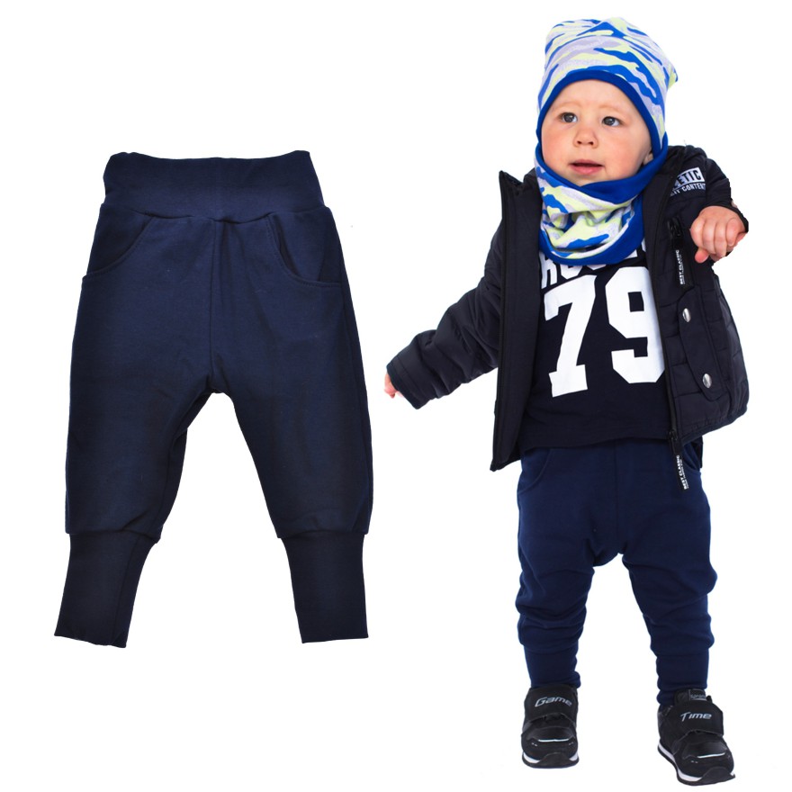 Likwidacja Granatowe spodnie bawełniane lekkie z wyciąganą gumką bezuciskowe NEON szkoła