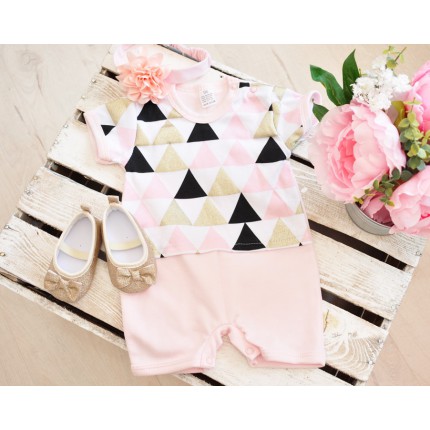 Letni RAMPERS pajac TRÓJKĄTY róż brokat