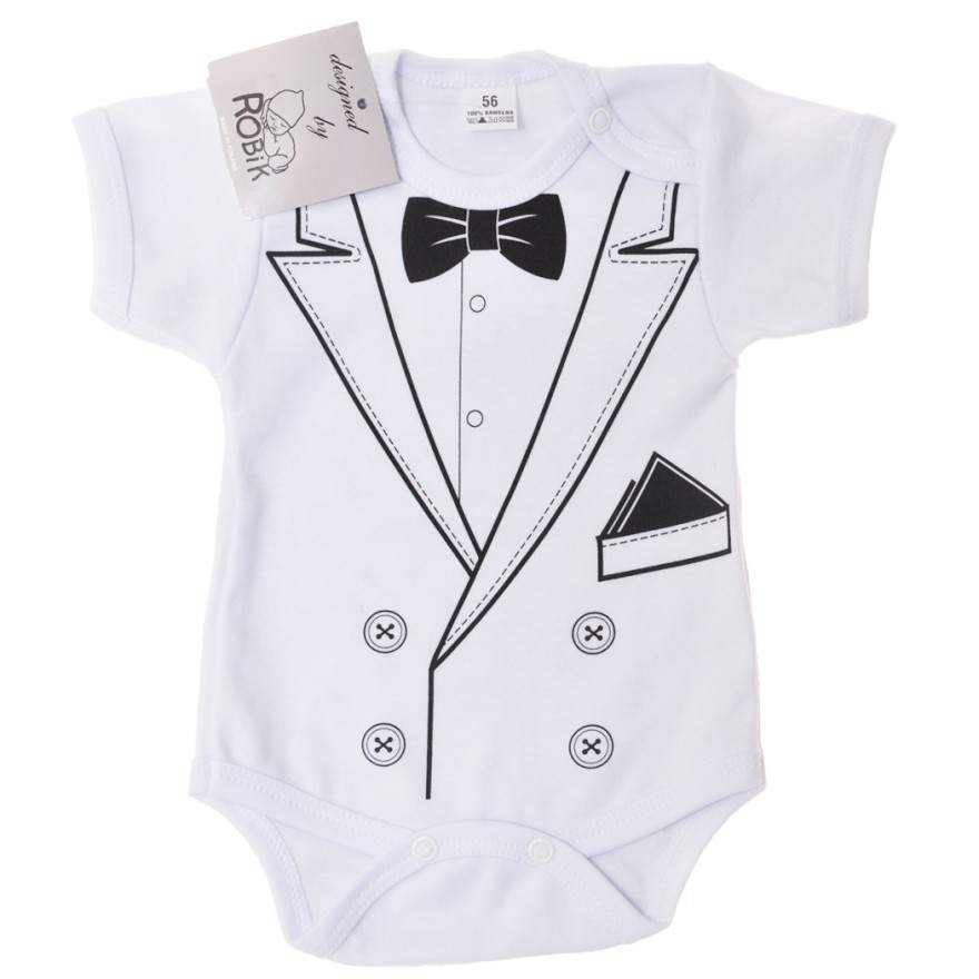 Białe BODY chłopięce garniturek z muszką rękaw LATO wzór 550kr