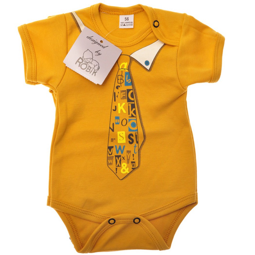 Musztardowe BODY chłopięce z krawatem krótki rękaw LATO wzór 552kr