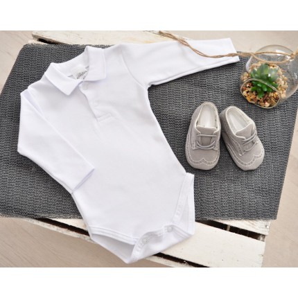 Białe BODY POLO z kołnierzykiem body koszula dł. rękaw CHRZEST